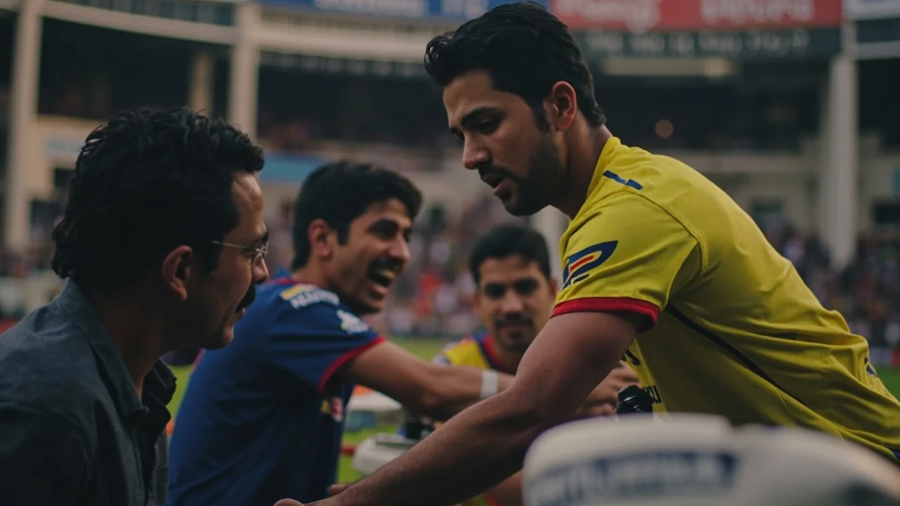 Editorial image of a captain and fielding unit discussing positioning at the toss, supporting the desk's read on the spin matchup in the middle overs